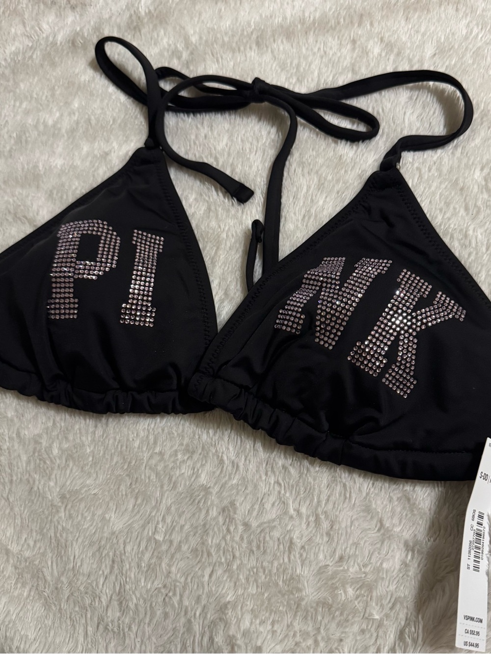 PINK Victoria's Secret Black Rhinestone Logo Triangle Bikini Top